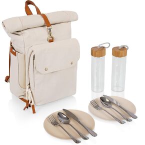 PICNIC TIME Carmel Roll Top Backpack Cooler، حقيبة ظهر تبريد قماشية معزولة للغداء والمشي لمسافات طويلة، حقيبة تبريد الشاطئ المحمولة، حقيبة نزهة، (رمادي)