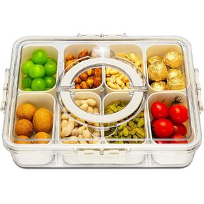 Divided Serving Tray with Lid and Handle,8 Compartments Snacks Box,Snack Fruit Tray,Veggie Tray,Portable Snack Platter for Candy Fruits Nuts Snack Party Entertaining Picnic (1 PCS)