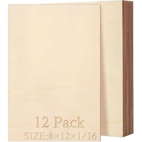 Blisstime 12 Pack 1/16 Basswood Sheets 12 x 12 Inch, 1.5mm Thin Plywood Sheets Balsa Wood Squares for Crafts, Unfinished Wood Blanks for Laser Cutting, Engraving, Wood Burning, Painting