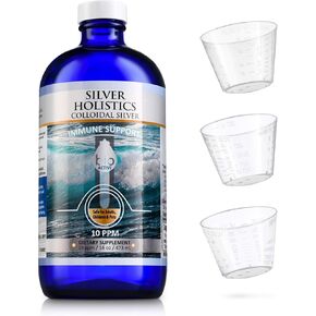 SILVER HOLISTICS Colloidal Silver Liquid 10PPM - Colloidal Silver Bottle with Measuring Cups - Silver Holistics Liquid for Children, Adults, & Pets - Silver Supplement for Immune Support (16 Oz.)