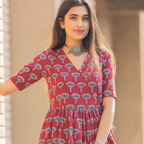 تونيك نسائي من رايون مصنوع يدويًا ومطبوع بالذهب أناركالي كورتا in Kuwait