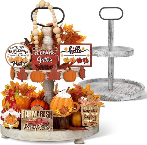 13 Pcs Fall Tiered Tray Decor with Two Tiered Tray Fall Table Decor Maple Leaf Pumpkin Signs Thanksgiving Fall Decor Autumn Harvest Decorative Trays Wooden Tabletop Signs for Home Kitchen in Saudi Arabia