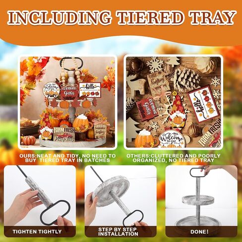 13 Pcs Fall Tiered Tray Decor with Two Tiered Tray Fall Table Decor Maple Leaf Pumpkin Signs Thanksgiving Fall Decor Autumn Harvest Decorative Trays Wooden Tabletop Signs for Home Kitchen in Saudi Arabia