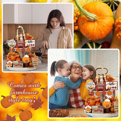 13 Pcs Fall Tiered Tray Decor with Two Tiered Tray Fall Table Decor Maple Leaf Pumpkin Signs Thanksgiving Fall Decor Autumn Harvest Decorative Trays Wooden Tabletop Signs for Home Kitchen in Saudi Arabia