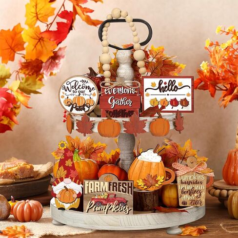 13 Pcs Fall Tiered Tray Decor with Two Tiered Tray Fall Table Decor Maple Leaf Pumpkin Signs Thanksgiving Fall Decor Autumn Harvest Decorative Trays Wooden Tabletop Signs for Home Kitchen in Saudi Arabia