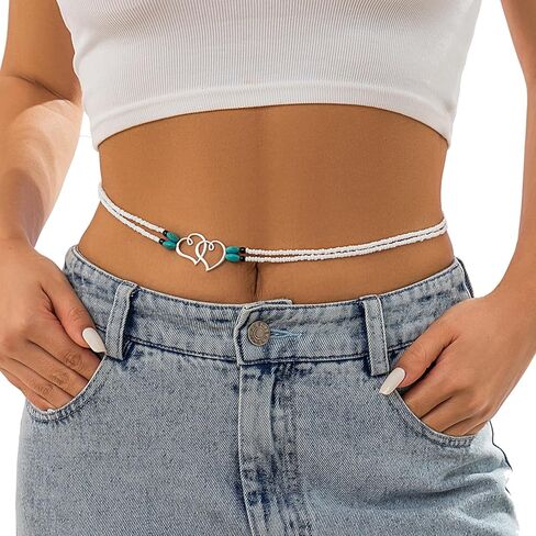 Sexy Simple Pearl Waist Chain Belt Summer Beach Beaded Belly Body Chain Jewelry Festival Rave Pearl Belly Belt Bikini Heart Pendant Body Accessory Jewelry for Women in Kuwait