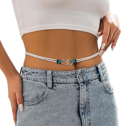 Sexy Simple Pearl Waist Chain Belt Summer Beach Beaded Belly Body Chain Jewelry Festival Rave Pearl Belly Belt Bikini Heart Pendant Body Accessory Jewelry for Women in Kuwait