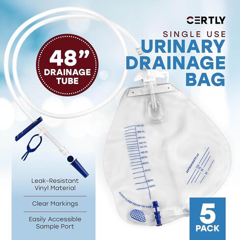 Urinary Drainage Bag 2000mL with Hook, Hanging Rope, Tube Clip, Sheet Clip - Anti- Reflux Leakproof Disposable Urine Bag for Incontinence and Hospital Care - 2000 mL Catheter Bags for Men and Women in Saudi Arabia