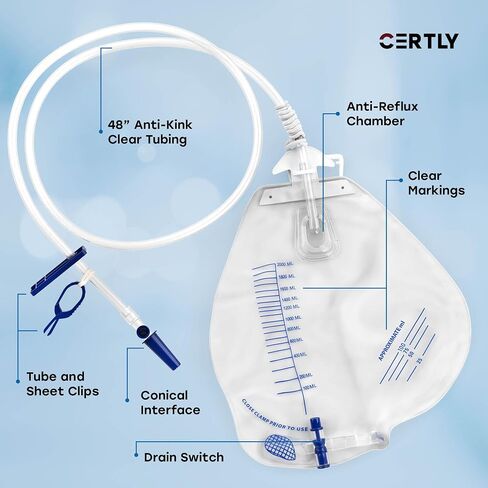 Urinary Drainage Bag 2000mL with Hook, Hanging Rope, Tube Clip, Sheet Clip - Anti- Reflux Leakproof Disposable Urine Bag for Incontinence and Hospital Care - 2000 mL Catheter Bags for Men and Women in Saudi Arabia
