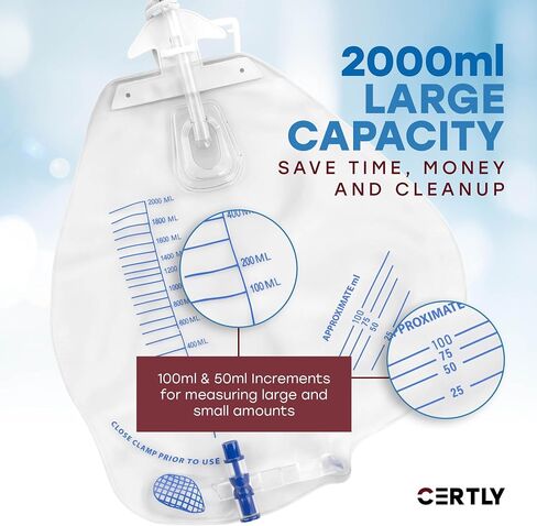 Urinary Drainage Bag 2000mL with Hook, Hanging Rope, Tube Clip, Sheet Clip - Anti- Reflux Leakproof Disposable Urine Bag for Incontinence and Hospital Care - 2000 mL Catheter Bags for Men and Women in Saudi Arabia