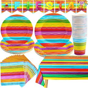 JOYIN 82PCS Fiesta Tableware Set, Mexican Party Supplies Packs for Cinco De Mayo Table Decorations, Fiest Themed Dessert Plates Fiesta Party Napkins Forks, Carnivals Event, Dia De Muertos Festivals