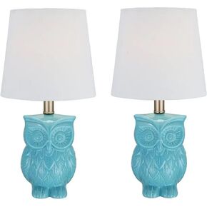 Benjara BM308941 18 in. Ceramic Table Lamp with Owl Stand Blue & White - Set of 2