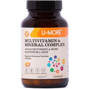 U-MORE Multivitamin & Mineral Complex, Vegan, Sugar-Free, Gluten-Free, Calcium, Magnesium, Vitamin A, B1, B2, B5, B6, B12, D3, K, C, Iron, Zinc, Supports Immune System & Overall Health - 60 Tablets