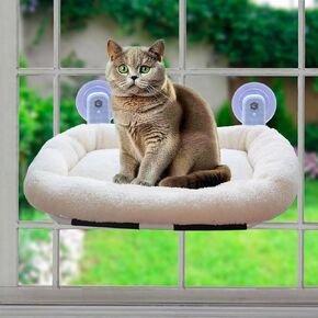 Cordless Cat Window Perch, Cat Hammock for Window with 4 Strong Suction Cups, Solid Metal Frame and Soft Cover, Cat Beds for Indoor Cats White