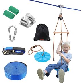 مجموعة Zipline للأطفال والكبار، مجموعات خط سحاب بطول 160 قدمًا تصل إلى 500 رطل، خط Zipline للإعداد السريع في الفناء الخلفي في الهواء الطلق، ترفيه في الملعب مع Zipline من الفولاذ المقاوم للصدأ، فرامل زنبركية، حزام أمان، مقعد
