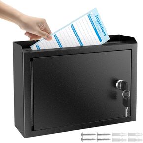 MaxGear Metal Suggestion Box with Lock, Seure Locked Mail Box,Wall Mounted Mailbox Drop Box with Lock, Ballot Box Safe Money Box with 50 Suggestion Cards 9.8‘’ x 3‘’ x 7‘’ - Black