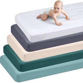 Newwiee 6 Pcs Baby Fitted Crib Sheets and Waterproof Crib Mattress Protector Set 28"x 52" Soft Breathable Quilted Toddler Mattress Pad Cover Machine Washable for Standard Crib Baby Boys and Girls