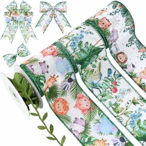4Rolls 20 Yards Woodland Animal Themed Wired Edge Ribbon 2.5 Inch Forest Printed Burlap Ribbon Green Leaf Ribbon Cute Animal Print Ribbon for Birthday Baby Shower Craft Supplies