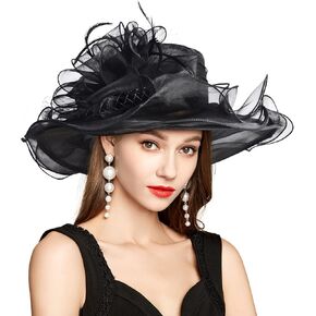 YIDINGCO Kentucky Derby Hat for Women Ladies, Organza Veil Feather Fascinator for Tea Party Church UV Protection Sun Hat
