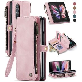 Defencase for Galaxy Z fold 3 Case, for Samsung Z fold 3 Case with Pen Holder Slot, RFID Blocking for Samsung Galaxy Z fold 3 Wallet Case with Card Holder Zipper Strap PU Leather Flip, Black