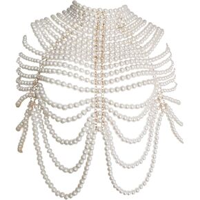 Sinkcangwu Pearl Shoulder Necklaces Bra Chain Body Jewelry Collar Statement Necklace for Wedding, Party, Christmas Holiday, Halloween Costume (Crochet) in Kuwait