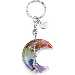 Top Plaza Healing Crystals Stones Keychain Tree of Life Wire Wrapped Crescent Moon Keychain for Women