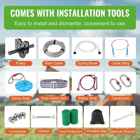 Zipline Kit for Kids and Adult, 160 ft Zip Line Kits Up to 500 lb, Backyard Outdoor Quick Setup Zipline, Playground Entertainment with Stainless Steel Zipline, Spring Brake, Safety Harness, Seat in Kuwait