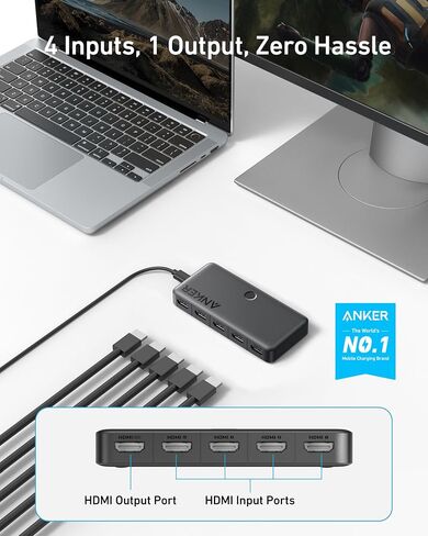 Anker HDMI Switch, 4K@60Hz Bi-Directional HDMI Switcher, 2 In 1 Out with Smooth Finish, Supports HDR, 3D, Dolby, Compatible with Laptops, PC, Xbox Series, PS5 / PS4, Projector, and More in Saudi Arabia