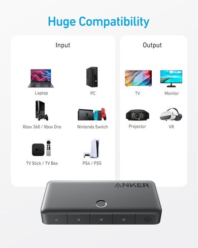 Anker HDMI Switch, 4K@60Hz Bi-Directional HDMI Switcher, 2 In 1 Out with Smooth Finish, Supports HDR, 3D, Dolby, Compatible with Laptops, PC, Xbox Series, PS5 / PS4, Projector, and More in Saudi Arabia