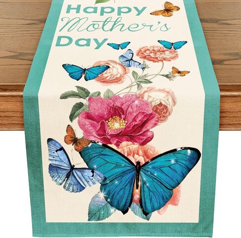مفرش طاولة عيد الأم السعيدة من WRAPAHOLIC - مقاس 33.02 × 72 بوصة - ديكور طاولة طعام المطبخ الداخلي من خيش المزرعة للحفلات المنزلية - زهور بيضاء ووردية in Kuwait