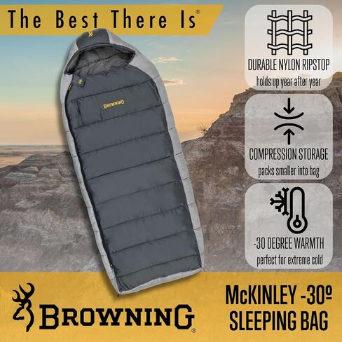 Browning McKinley -30° Sleeping Bag - Oversize Insulated Hooded Rectangle Made with Ripstop Outer and Brushed Polyester Liner, with Compression Stuff Sack, Charcoal/Gray in Saudi Arabia