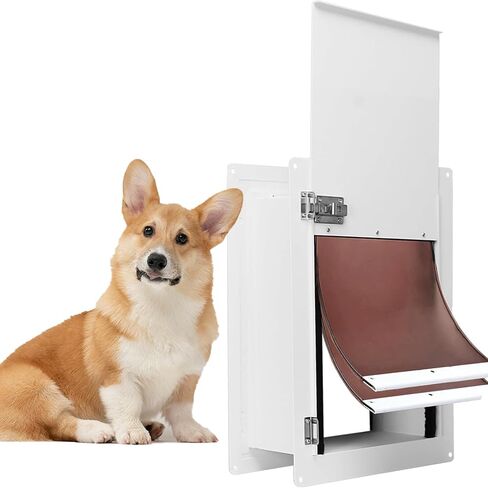 باب للحيوانات الأليفة للحائط بإطار فولاذي، نفق تلسكوبي، قفل ألومنيوم، تصميم ذو غطاء مزدوج - قوي ومتين، مثالي للحيوانات الأليفة التي يصل وزنها إلى 40 رطلاً - مقاس متوسط ​​- 8.6 بوصة و12.8 بوصة in Kuwait