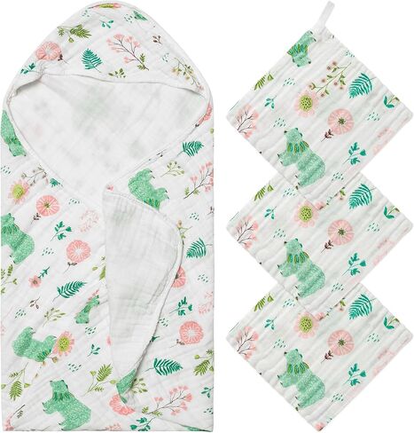 2ooya 4Pcs Muslin Baby Hooded Towel & Washcloth Set Green Bear Cotton Absorbent Bath Towels Blanket with Hood Newborn Toddlers Infant Boys Girls Shower Gift for Baby Cleanups and Bathing in Kuwait