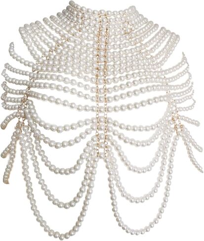 Sinkcangwu Pearl Shoulder Necklaces Bra Chain Body Jewelry Collar Statement Necklace for Wedding, Party, Christmas Holiday, Halloween Costume (Crochet) in Kuwait