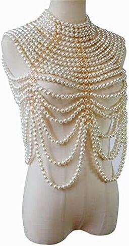 Sinkcangwu Pearl Shoulder Necklaces Bra Chain Body Jewelry Collar Statement Necklace for Wedding, Party, Christmas Holiday, Halloween Costume (Crochet) in Kuwait