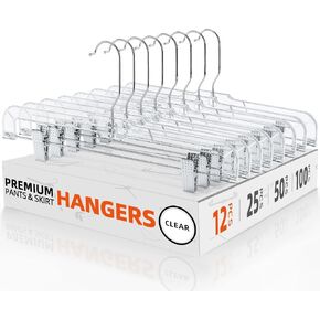HOUSE DAY 12 Pack 14 inch Clear Plastic Skirt Hangers with Adjustable Clips, Pants Hangers 360-Rotating Swivel Hook, Clip Hangers for Pants, Trousers, Skirts, Jeans, Bulk Plastic Hangers