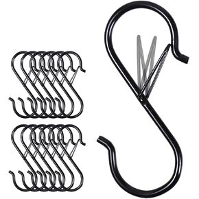 Larmstom 12 S-Hooks with Safety Clasps, Rustproof Coated S Metal Hooks for Hanging Plants, Kitchen Utensils, Jeans, Bags, Pots and Pans, 3.5-Inch, Black