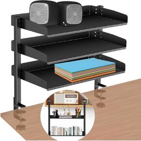 CanKing Clamp On Desk Shelf 16 inch Clip Above or Under Table Shelves Space-Saving Organizer for Office, Study, Dorm Rooms, Light-Weight Rust-Proof Metal with No-Drill Assemble Black 2 Tier
