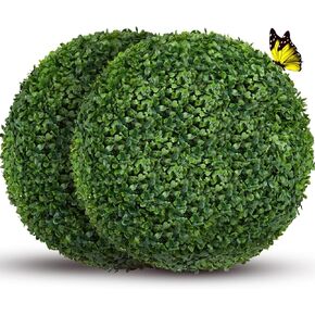 TITGGI 2 PCS 16 inch Artificial Plant Topiary Balls, 4 Layers Boxwood Balls, UV Resistant Topiary Balls Artificial Outdoor Set of 2 with Butterfly Decoration and Ties for Garden, Indoor and Outdoor