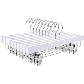 Amber Home 24 Pack White Wooden Pants Hangers with Gold Clips, Wood Skirt Hangers Trouser Hangers with Gold Hook for Jeans, Slacks, Shorts