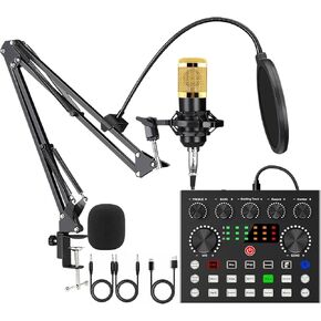 F998 Podcast Equipment Bundle for Tiktok and YouTube Vlog,Sound Board with Audio Interface,Condenser Karaoke Microphone,Streaming Podcast Starter Kit DJ Audio Mixer (F998+BM800 MIC)