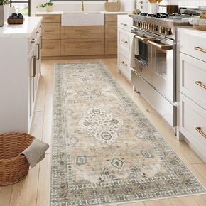 Runner Rug 2.5'x8', Non-Slip Runners for Hallways with Rubber Backing, Washable Kitchen Runner Rugs Vintage Bathroom Rug Runner Low Pile Indoor Carpet Runner for Entrance Bedroom Laundry Khaki