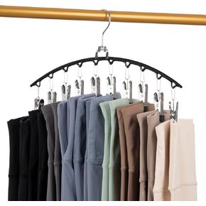 Legging Organizer with Foldable and Rotatable Hook, Metal Hangers with Rubber for Yoga Pants, Jeans, Shorts, Hats, Scarves, 10 Clips per Hanger (Black, 2 Pack)