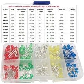 Chiloskit 200pcs 3mm and 5mm 5 Color LED Lights Emitting Diodes Assortment Set Kit for DIY, Arduino Project White Red Blue Green Yellow