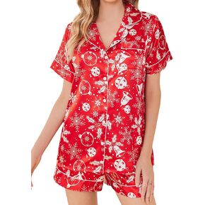 Ekouaer Womens Satin Silk Pajamas Set Short Sleeve Button Down Top and Shorts Sleepwear 2 Piece Pjs Set S-XXL