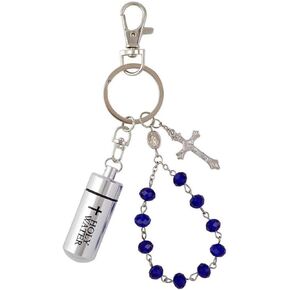 Holy Water Keychain with 1 Decade Blue Bead Rosary with Miraculous Medal and Crucifix, 4 1/2 Inches
