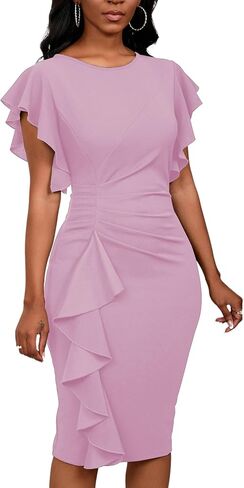 Womens Short Ruffle Sleeve Church Dress 50S Vintage Crew Neck Bodycon Work Pencil Midi Dress in Saudi Arabia