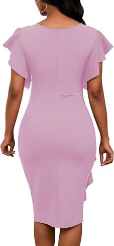 Womens Short Ruffle Sleeve Church Dress 50S Vintage Crew Neck Bodycon Work Pencil Midi Dress in Saudi Arabia