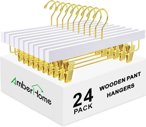 Amber Home 24 Pack White Wooden Pants Hangers with Gold Clips, Wood Skirt Hangers Trouser Hangers with Gold Hook for Jeans, Slacks, Shorts in Saudi Arabia