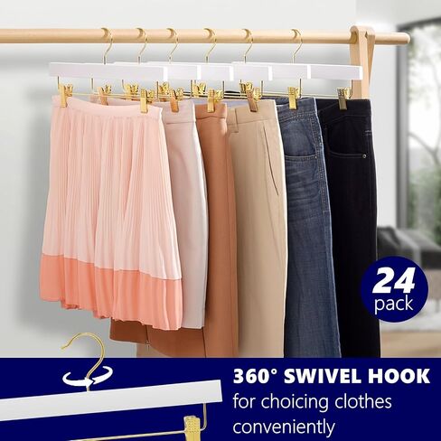Amber Home 24 Pack White Wooden Pants Hangers with Gold Clips, Wood Skirt Hangers Trouser Hangers with Gold Hook for Jeans, Slacks, Shorts in Saudi Arabia